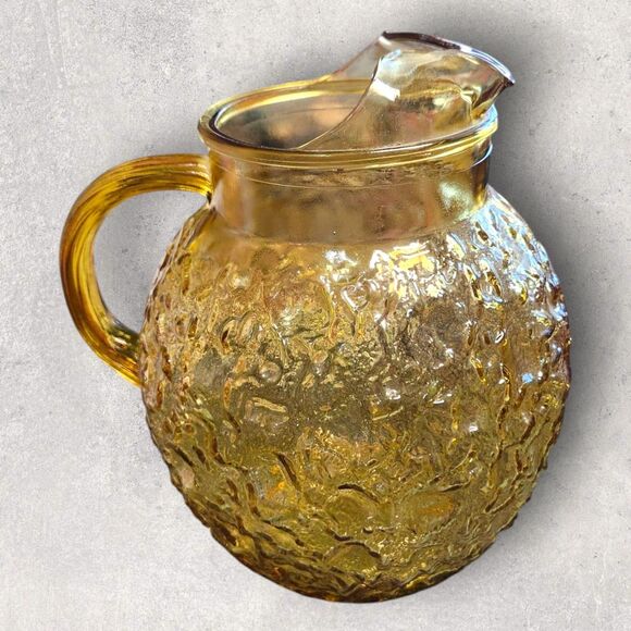 Vintage Anchor Hocking Lido Milano Amber Crinkle Pitcher 4 Tumblers Mid-Century - Picture 13 of 16